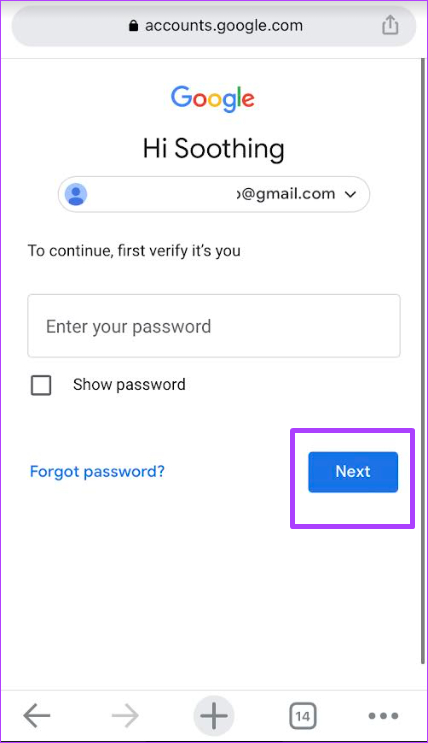 رمز عبور خود را برای تأیید هویت خود وارد و روی Next کلیک نمایید.